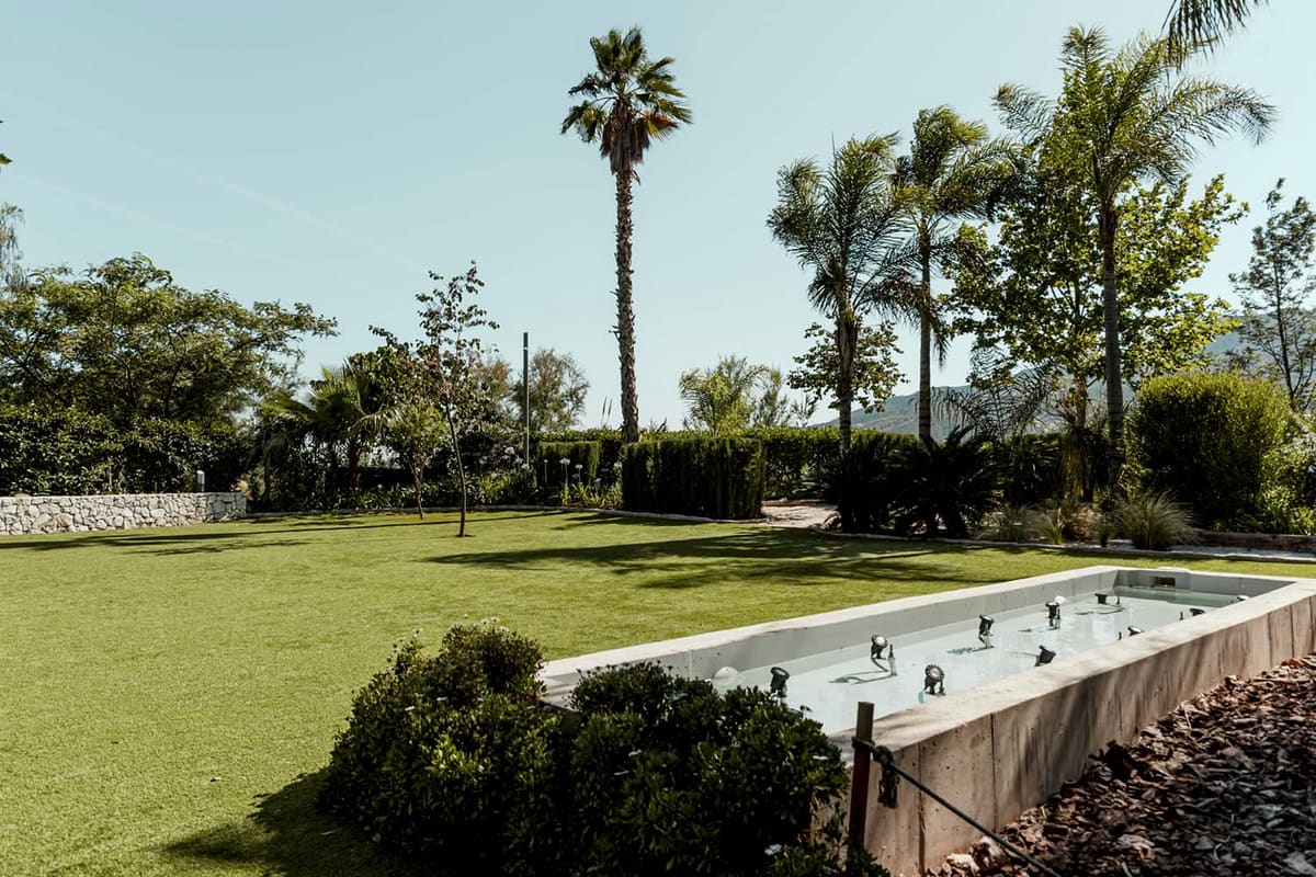 El Jardín de la Fuente de Finca Botania: césped, un estanque de hormigón con surtidores y palmeras bajo el cielo despejado